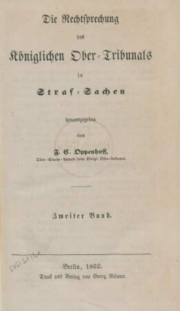 2.1862: Die Rechtsprechung des Königlichen Obertribunals in Strafsachen