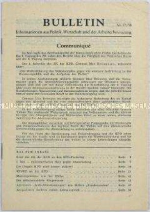 Illegales Informationsblatt der KPD "Bulletin" u.a. mit einem Kommuniqué der 9. Tagung des ZK der KPD