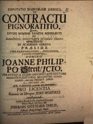 Disputatio Inauguralis Juridica, De Contractu Pignoratitio