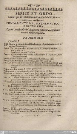 Series et Ordo eorum, que in Fundamento secundo Mathematico-Dioptrico tractatur.