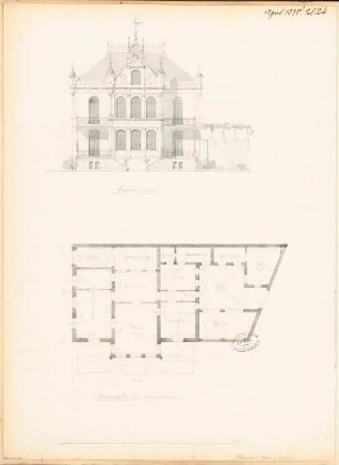 Villa, Gera Monatskonkurrenz April 1878: Grundriss Erdgeschoss, Aufriss Gartenansicht; Maßstabsleiste