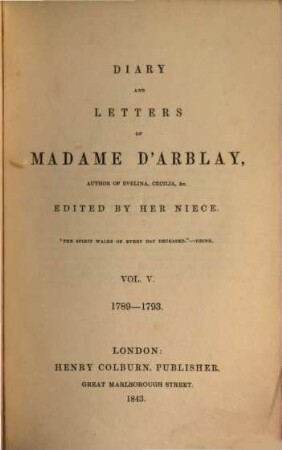 Diary and letters of Madame D'Arblay, 5