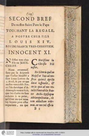 SECOND BREF De nostre Saint Pere le Pape TOUCHANT LA REGALE. A NOSTRE CHER FILS LOUIS XIV. [...]