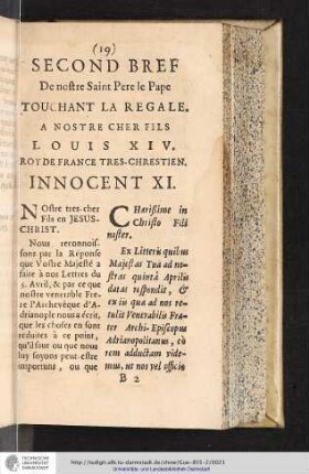 SECOND BREF De nostre Saint Pere le Pape TOUCHANT LA REGALE. A NOSTRE CHER FILS LOUIS XIV. [...]