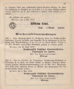45. Ministerialbekanntmachung, betreffend Wechsel in der Hauptagentur der Oldenburger Versicherungs-Gesellschaft in Oldenburg