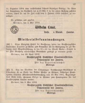 45. Ministerialbekanntmachung, betreffend Wechsel in der Hauptagentur der Oldenburger Versicherungs-Gesellschaft in Oldenburg