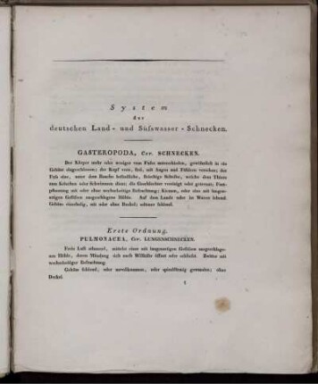 Erste Ordnung. Pulmonacea, Cuv. Lungenschnecken.