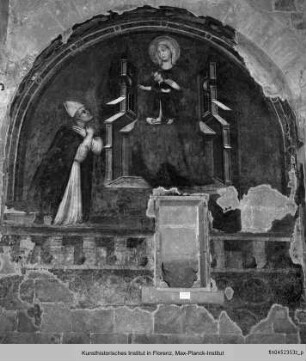 Thronende Madonna mit Kind verehrt von einem Bischof