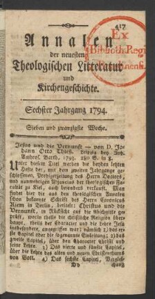 6. Jahrgang, 27. Woche/52. Woche (1794): Annalen der neuesten theologischen Litteratur und Kirchengeschichte