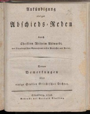 Ankündigung einiger Abschieds-Reden ... : Voran Bemerkungen über einige Stellen Griechischer Dichter