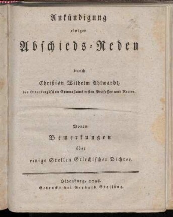 Ankündigung einiger Abschieds-Reden ... : Voran Bemerkungen über einige Stellen Griechischer Dichter