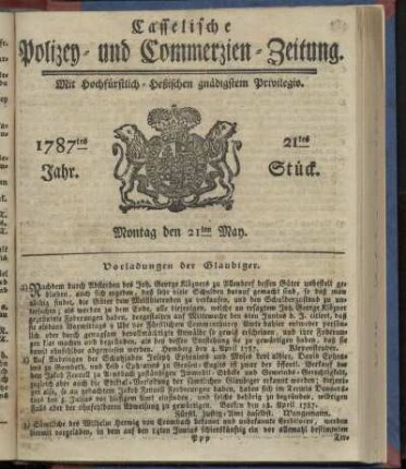 21tes Stueck, Montag den 21ten May. 1787