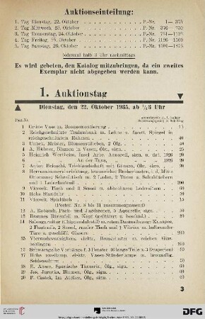 1. Auktionstag Dienstag, den 22. Oktober 1935, ½ 3 Uhr (Nr. 1-375)