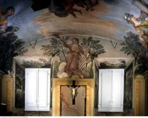 Quadraturmalerei mit Herz Jesu in der Engelsglorie, Gnadenstuhl und die vier Kardinaltugenden, Die heilige Fides von Agen