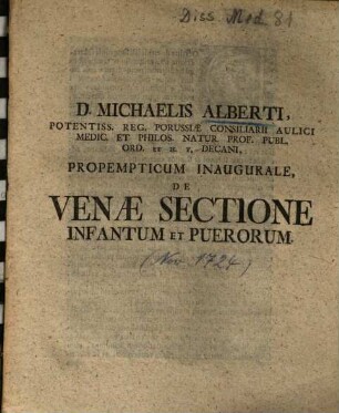 D. Michaelis Alberti ... Propempticum Inaugurale, De Venae Sectione Infantum Et Puerorum