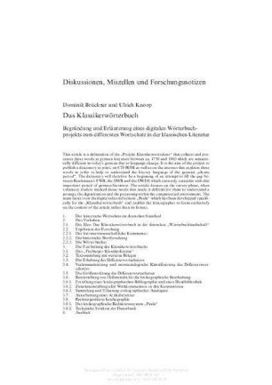 Das Klassikerwörterbuch : Begründung und Erläuterung eines digitalen Wörterbuchprojekts zum differenten Wortschatz in der klassischen Literatur