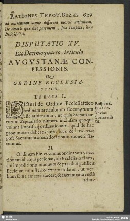 Disputatio XV. Ex Decimoquarto Articulo Augustanae Confessionis. De Ordine Ecclesiastico