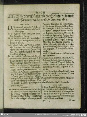 Ein Register der Bücher, so die Gelahrten in und ausser Pommern von Anno 1606. herausgegeben