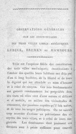 Observations généarles sur les constitutiones de trois villes libres-anséatiques, Lubeck, Bremen et Hambourg.