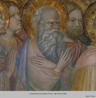 Szenen aus dem Leben Johannes des Täufers, Kreuzigung und Madonna mit verschiedenen Heiligen : Taufe Christi