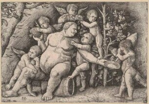Silen auf einem Weinfass sitzend, umringt von Putti
