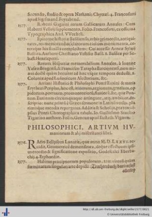 Philosophici, Artivm Hvmaniorum, & alij miscellanei libri.