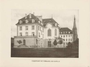"Nordfront mit Terrasse und Kapelle" des Viktoria-Pensionats in Karlsruhe