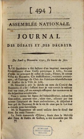 Journal des débats et des décrets. [11] = 1790, 4. Nov. - 6. Dez. = Nr. 494 - 535