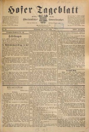 Hofer Tageblatt : oberfränkischer Generalanzeiger ; unparteiische und unabhängige Zeitung. 1891,7/12 = Jg. 13