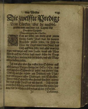 Die zwelffte Predigt Vom Türcken, uber die nachfolgenden wort aus dem 38. Capitel des Propheten Ezechielis. Vom untergang des Türcken