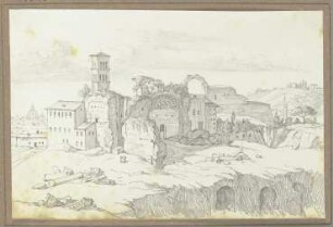 Blick auf den Tempel der Venus und der Roma sowie über den Campo Vaccino des Forum Romanum in Rom