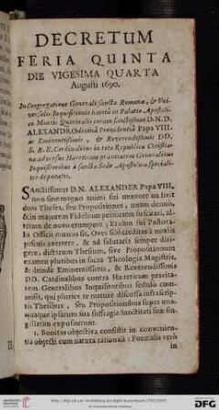 Decretum feria quinta die vigesima quarta Augusti 1690