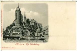 Meißen. Burgberg von der Elbe mit Burgberg, Albrechtsburg und Bischofsturm