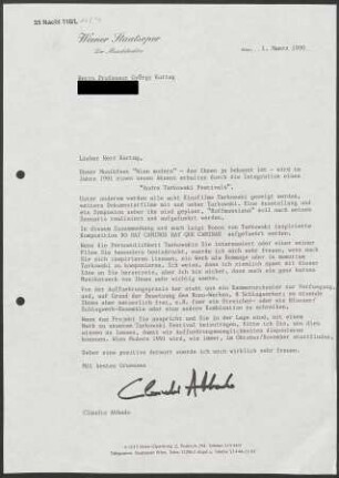 Brief an György Kurtág, 01.03.1990