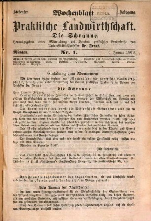 Die Schranne : Wochenblatt für praktische Landwirthschaft ; Organ des Landesprodukten- und Waarenmarktes in München. 7. 1868