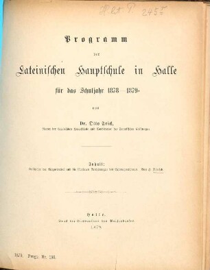 Programm der Lateinischen Hauptschule in Halle : für d. Schuljahr .... 1878/79