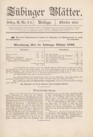 5 Abrechnung über die Tübinger Blätter 1899. Bücherbesprechung
