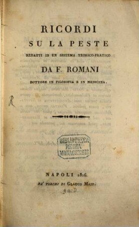 Ricordi su la Peste redatti in un sistema teorico-pratico