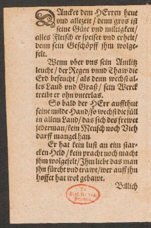DAncket dem HErren heut || vnd allezeit/ denn gros ist || seine Güte vnd miltigkeit/ ||