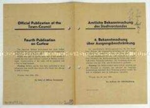 Amtliche Bekanntmachung der Stadtverwaltung von Weimar im Auftrag der Amerikanischen Militärverwaltung zur Festsetzung einer Ausgangsbeschränkung, in englischer und deutscher Ausfertigung