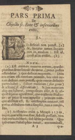 Pars Prima De Obiecto sc. Ente & inferioribus entis