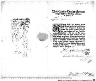 Von Gottes Gnaden Johann Philipp, Bischoff zu Würtzburg, und Hertzog zu Francken, [et]c. [...] NAchdeme Krafft deß zwischen unserm Hochstift und dem hochen Teutsch-Orden Anno 1597. auffgerichten Vertrags die hinüber und herüber ziehende Unterthanen vom hundert zwey zur Nachsteuer zuerlegen schuldig seynd ... : Datum in unserer Stadt Würtzburg den 26. Julij Anno 1710