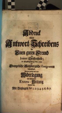 Abdruck eines Antwort-Schreibens die Salzburger Emigranten betr.