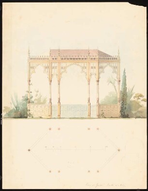 Pavillon, Gizeh: Ansicht und Grundriss eines Pavillons, Maßstabsleiste