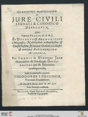 Quaestiones Miscellaneae Ex Iure Civili Feudali & Canonico Depromptae