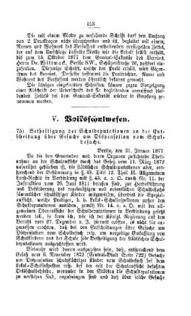 Betheiligung der Schuldeputationen an der Entscheidung über Gesuche um Dispensation vom Schulbesuche : [V. Volksschulwesen]