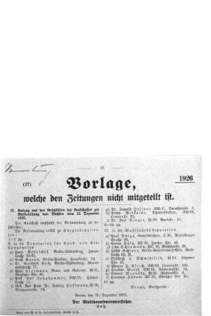 Anlage: (27), Vorlage, welche den Zeitungen nicht mitgeteilt ist, 31. Dezember 1925
