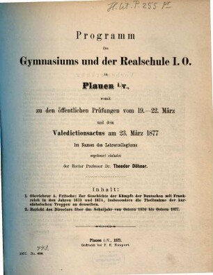 Programm des Gymnasiums und der Realschule I. Ordnung zu Plauen. 1876/77