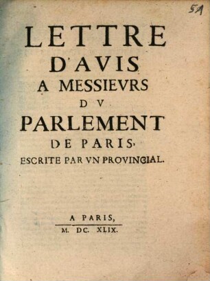 Lettre d'avis à Messieurs du parlement