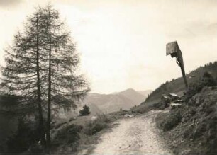 Ostalpen. Landschaft mit Lärchen und Kruzifix am Höhenweg